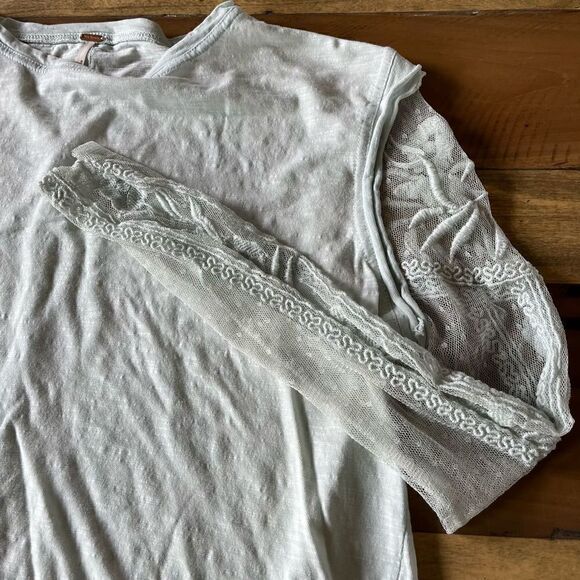 Free People Gray Green Boho Burnout Long Sleeve Top with Lace Sleeves - size X - Picture 2 of 7